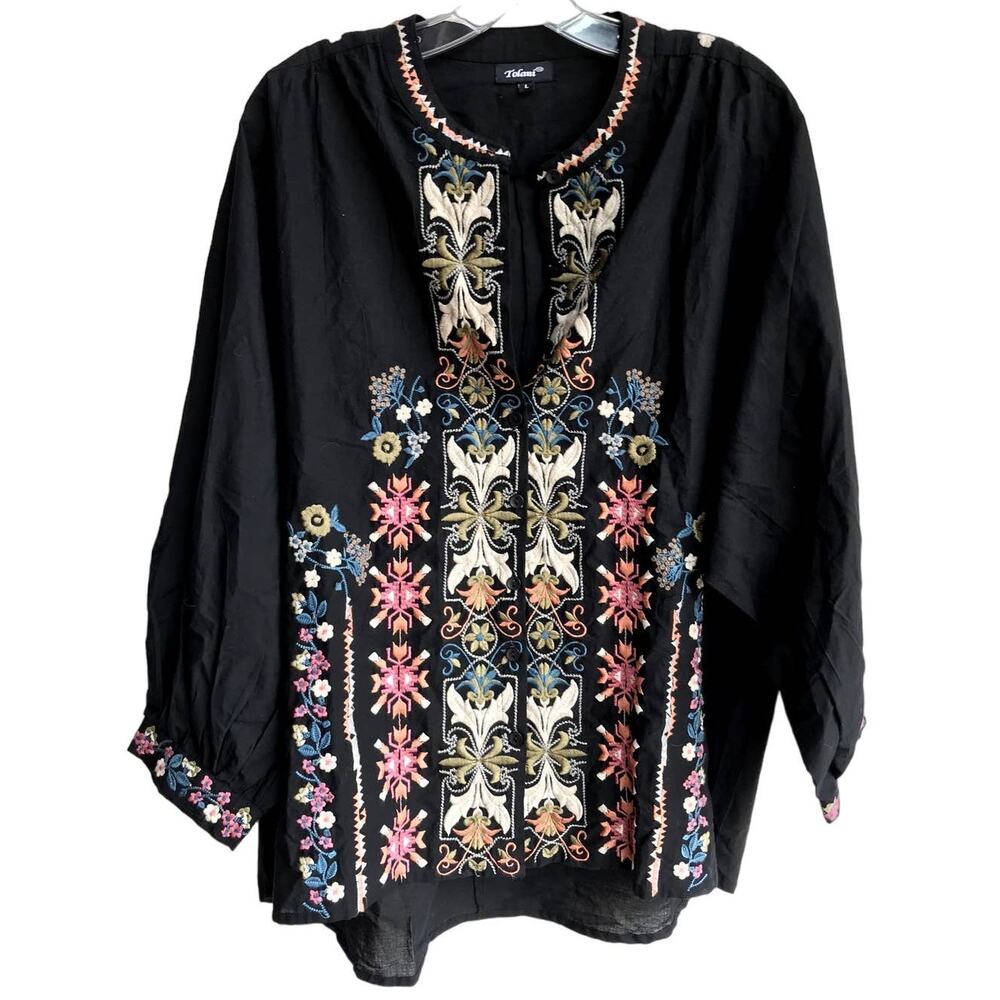 Tolani Black - Multi Colored Embroidered Cotton Peasant Blouse size L